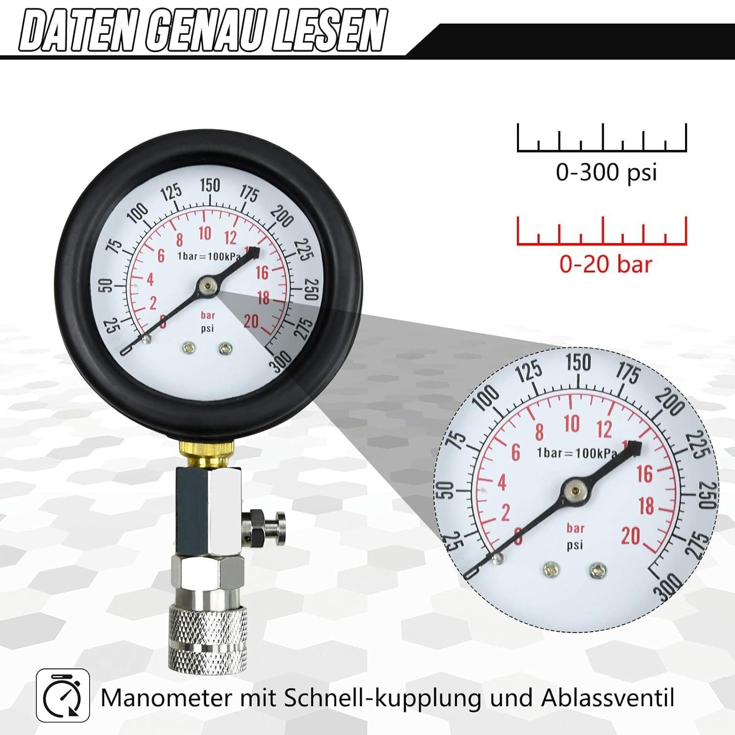 Kompressionstester Satz Benzinmotor – 0–20 Bar Druckprüfer mit Adaptern & Koffer