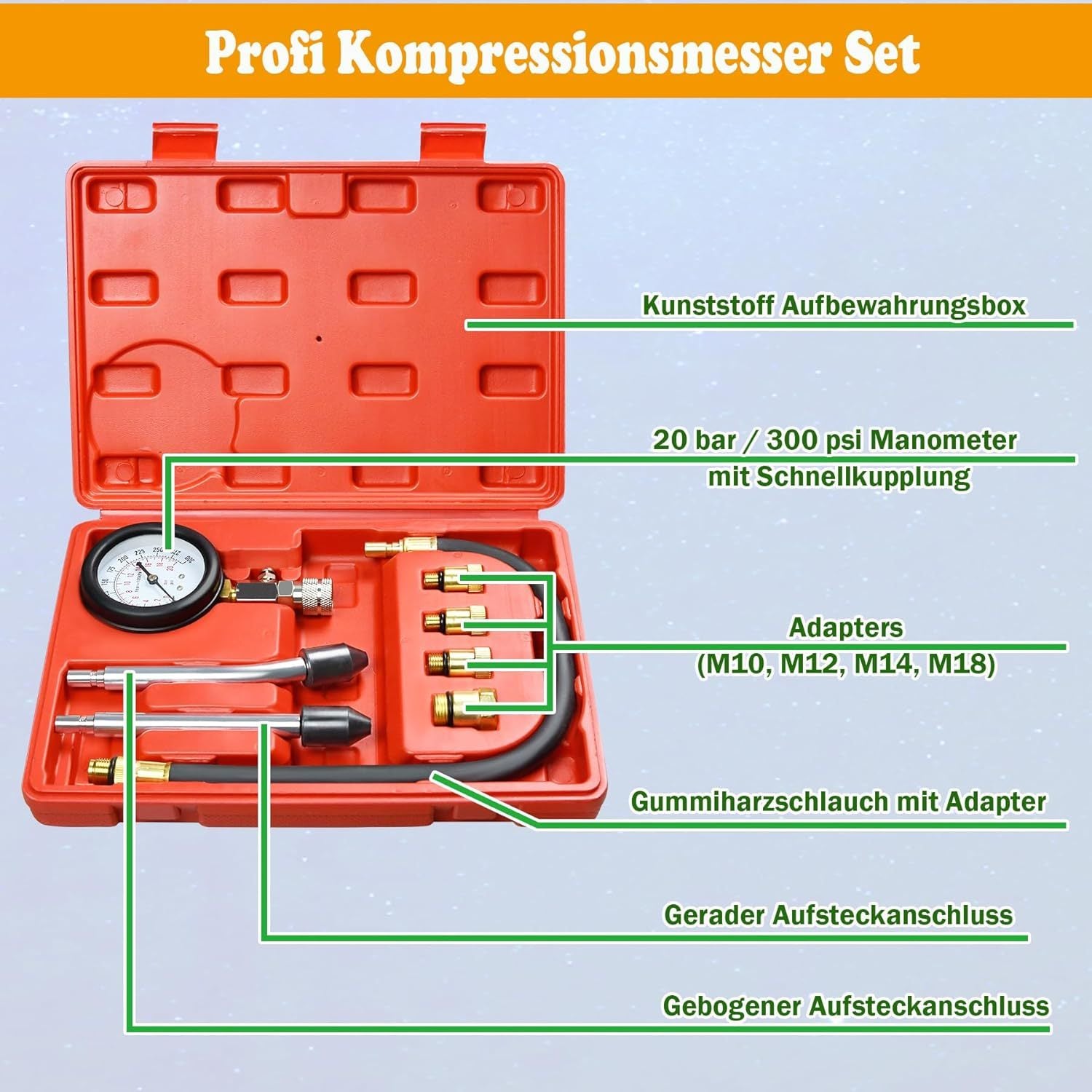 Kompressionstester Satz Benzinmotor – 0–20 Bar Druckprüfer mit Adaptern & Koffer