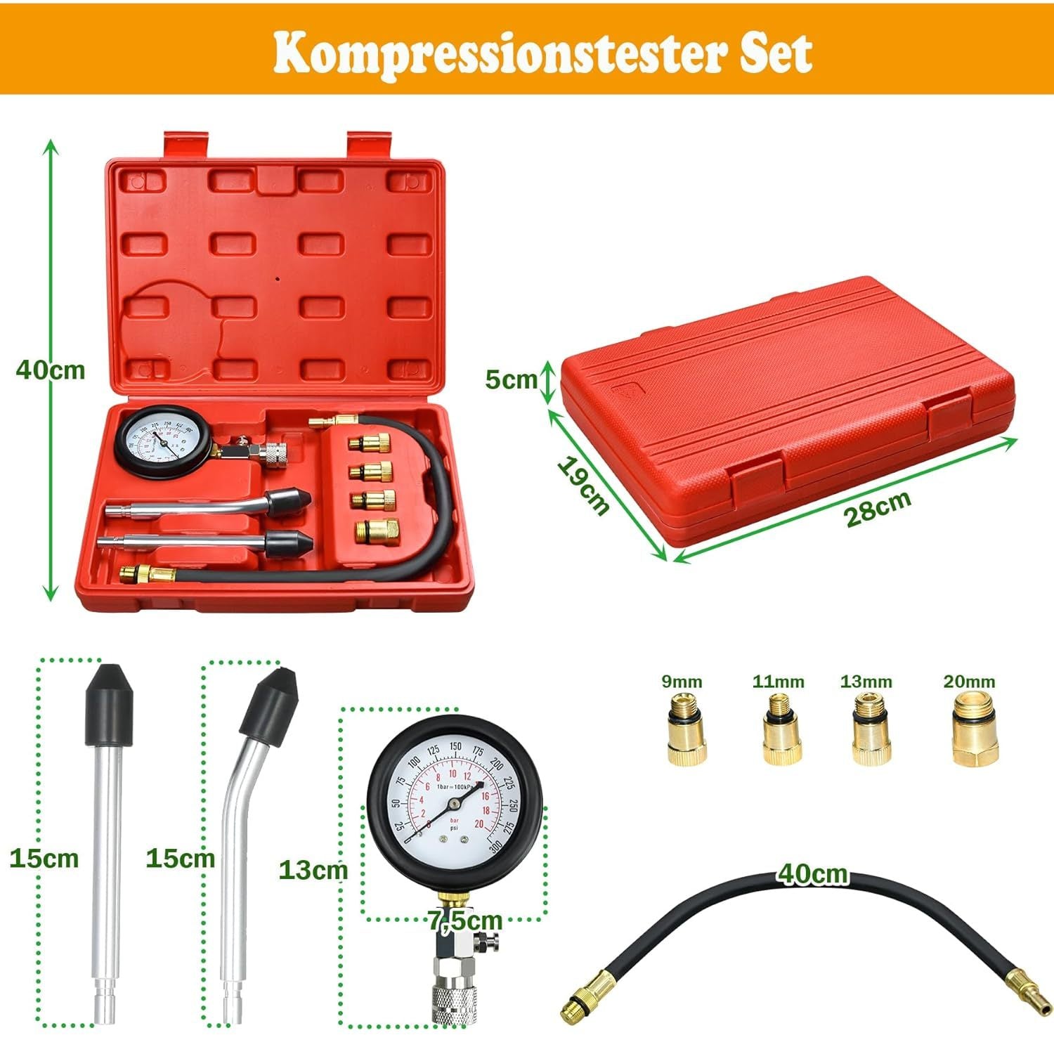 Kompressionstester Satz Benzinmotor – 0–20 Bar Druckprüfer mit Adaptern & Koffer